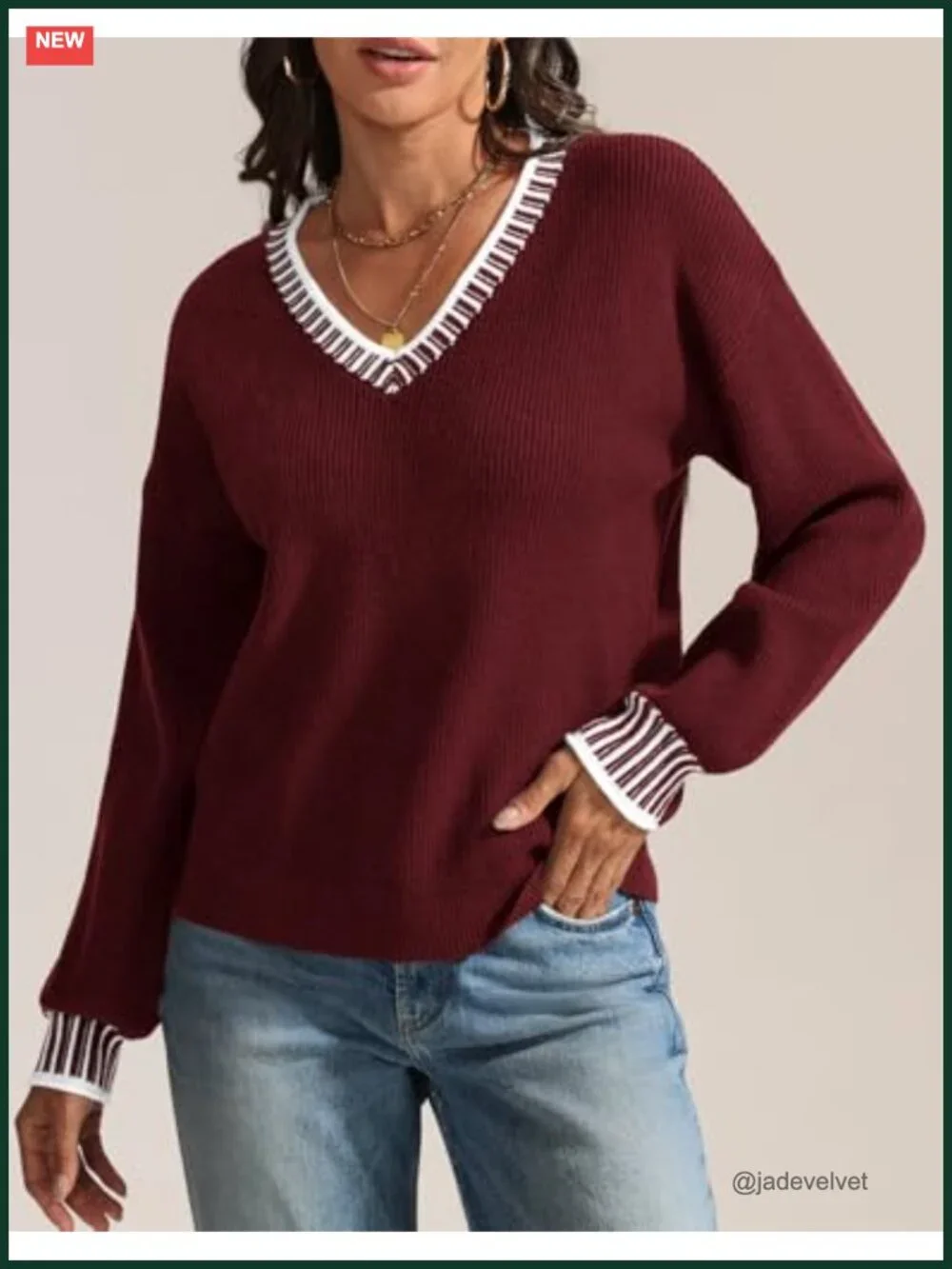 Viscose Blend V-Neck Long Sleeve Chunky Knit Pullover Sweater Color Block